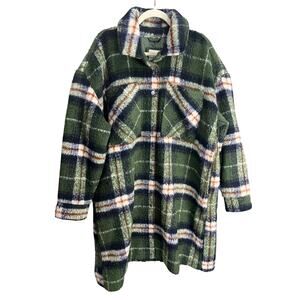 Abercrombie & Fitch Womens Green Plaid Teddy Coat Jacket Size XL Long Snap Front